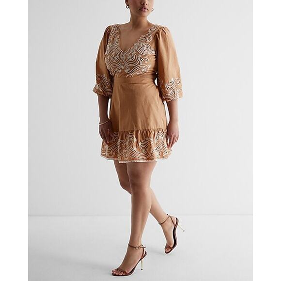 Express Mini Dress Women XL Poplin Embroidered Eyelet Cottagecore Boho Coquette - Picture 1 of 16